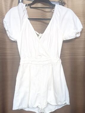 Blue Blush White Puff-Sleeve Denim Wrap Mini Romper